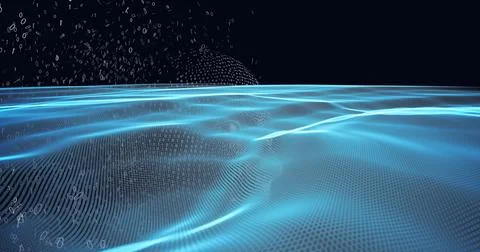 Composition of exploding human body formed with binary coding and blue trails of Illustrazione stock