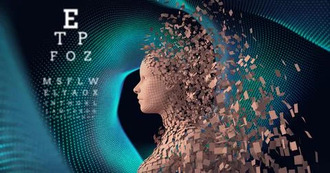 Composition of exploding human body formed with particles and eye test letters イラスト素材