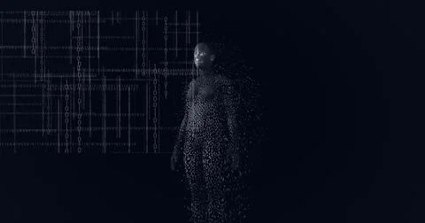 Composition of exploding human body formed with particles and binary coding Stock Illustration