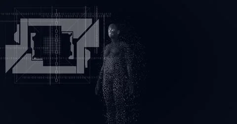 Composition of exploding human body formed with particles and binary coding Stock Illustration