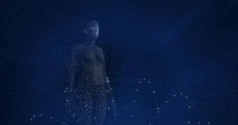 Composition of exploding human body formed with particles over network of 스톡 일러스트