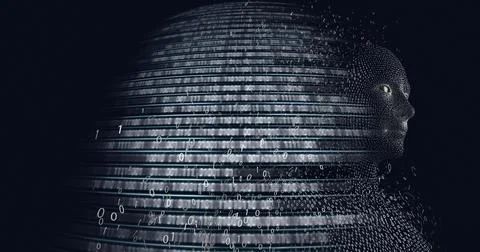 Composition of exploding human bust and binary coding Illustrazione stock