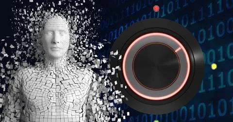 Composition of exploding human bust with binary coding over scopes scanning 库存插图