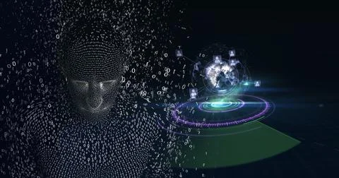 Composition of exploding human bust with binary coding over scopes scanning Illustrazione stock