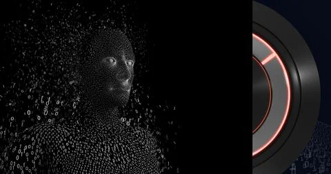 Composition of exploding human bust with binary coding over scopes scanning Illustrazione stock