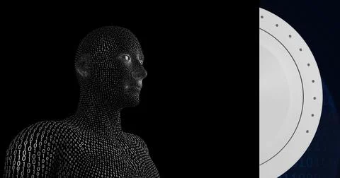 Composition of exploding human bust with binary coding over scopes scanning Illustrazione stock