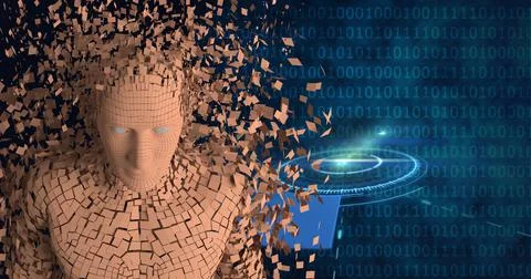 Composition of exploding human bust with binary coding over scopes scanning Stockillustratie