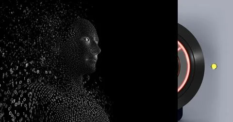 Composition of exploding human bust with binary coding over scopes scanning 스톡 일러스트