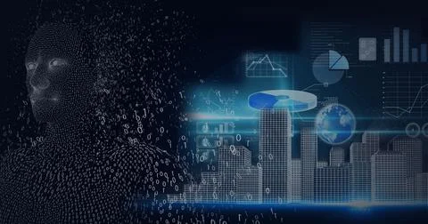 Composition of exploding human bust with binary coding over data processing Stock Illustration