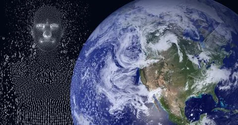 Composition of exploding human bust with binary coding over globe Stock Illustration
