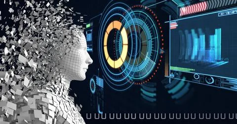 Composition of exploding human bust with data processing over scopes scanning Illustrazione stock