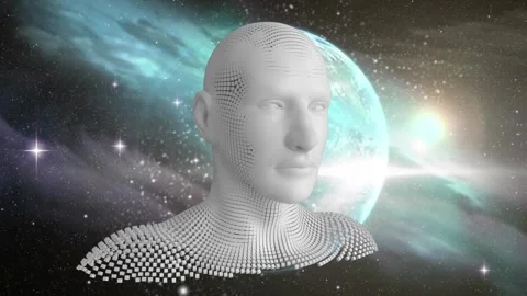 Composition of exploding human bust formed with grey particles and blue circuit Stock Footage 330054535