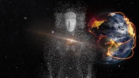 Composition of exploding human bust formed with binary coding and dna strand Stock Footage 330593492