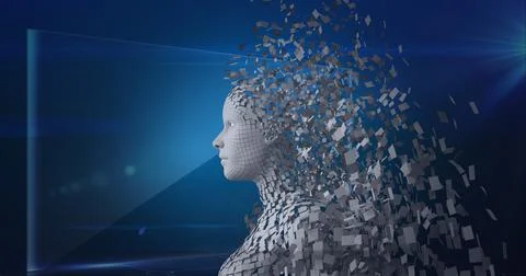 Composition of exploding human bust formed with grey particles and screen on Stock Illustration