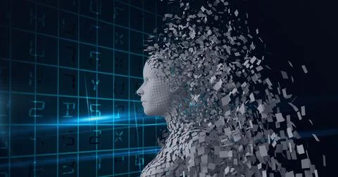 Composition of exploding human bust formed with grey particles and data 스톡 일러스트