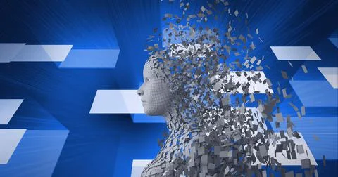 Composition of exploding human bust formed with grey particles and screens on イラスト素材