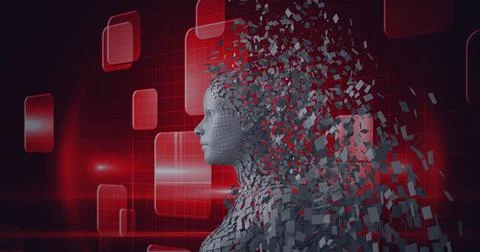 Composition of exploding human bust formed with grey particles and red screens 스톡 일러스트