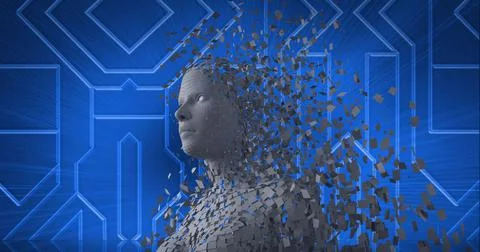 Composition of exploding human bust formed with grey particles and blue circuit Illustrazione stock