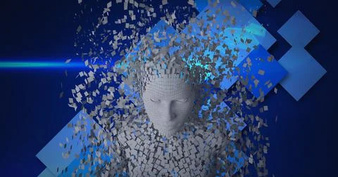 Composition of exploding human bust formed with grey particles and blue screens 스톡 일러스트
