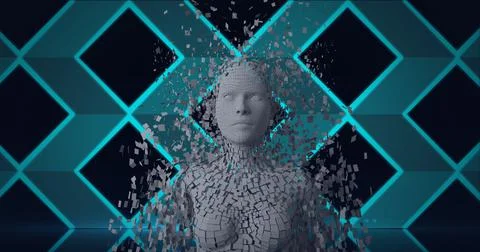 Composition of exploding human bust formed with grey particles and green 스톡 일러스트
