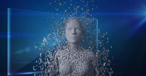 Composition of exploding human bust formed with grey particles and screen on 스톡 일러스트