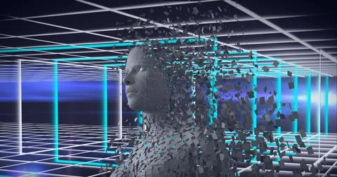 Composition of exploding human bust formed with grey particles and blue and Stock Illustration