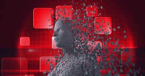 Composition of exploding human bust formed with grey particles and red screens 스톡 일러스트