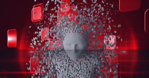Composition of exploding human bust formed with grey particles and red screens 스톡 일러스트