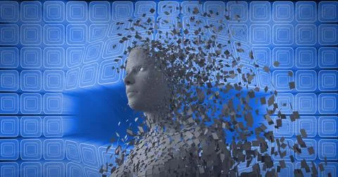 Composition of exploding human bust formed with grey particles and screens on Stock Illustration