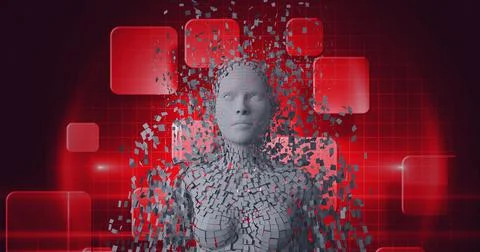 Composition of exploding human bust formed with grey particles and red screens Illustrazione stock