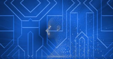 Composition of exploding human bust formed with binary coding and blue circuit イラスト素材