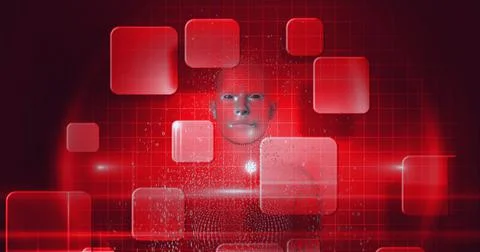 Composition of exploding human bust formed with binary coding and red screens イラスト素材