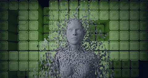 Composition of exploding human bust formed with grey particles and green cubes Illustrazione stock