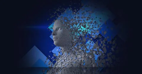Composition of exploding human bust formed with grey particles and screens on イラスト素材
