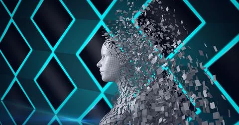 Composition of exploding human bust formed with grey particles and green 스톡 일러스트