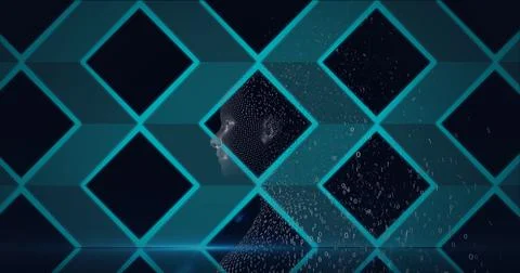 Composition of exploding human bust formed with binary coding and green diamonds Illustrazione stock