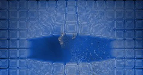 Composition of exploding human bust formed with binary coding and blue cubes Stock-Illustration