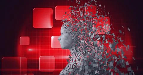 Composition of exploding human bust formed with grey particles and red screens 스톡 일러스트
