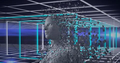 Composition of exploding human bust formed with grey particles and blue and Stock Illustration