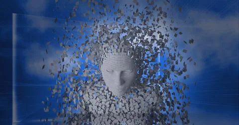 Composition of exploding human bust formed with grey particles and screen on イラスト素材