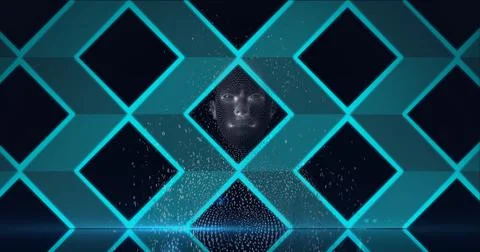 Composition of exploding human bust formed with binary coding and diamonds in イラスト素材