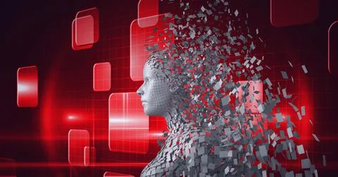 Composition of exploding human bust formed with grey particles and red screens 스톡 일러스트