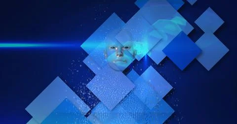 Composition of exploding human bust formed with binary coding and blue screens Illustrazione stock