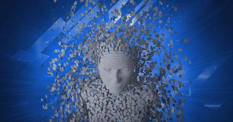 Composition of exploding human bust formed with grey particles and screens on イラスト素材