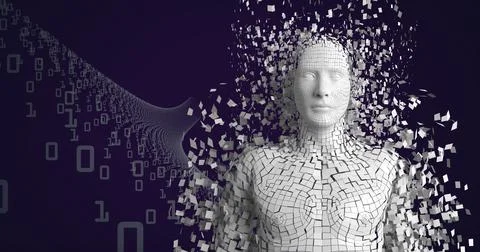 Composition of exploding human bust formed with white particles and binary Stock Illustration