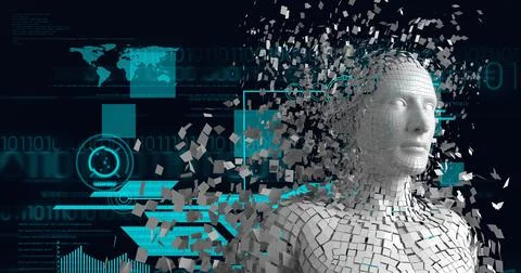 Composition of exploding human bust formed with white particles, screens and Illustrazione stock