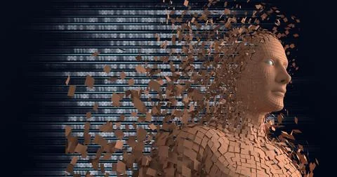 Composition of exploding human bust formed with orange particles and binary 스톡 일러스트