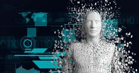 Composition of exploding human bust formed with white particles, digital Stock Illustration