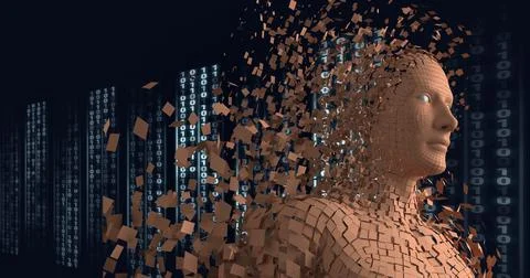 Composition of exploding human bust formed with orange particles and binary Stock Illustration