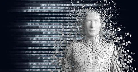 Composition of exploding human bust formed with white particles and binary Stock Illustration